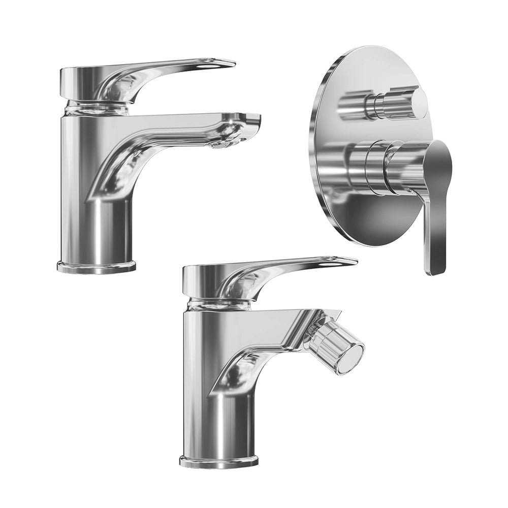 Set miscelatore lavabo e bidet senza scarico ed incasso doccia con deviatore in ottone cromato | Mia