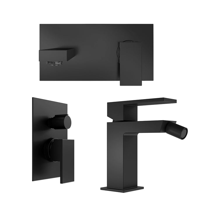 Set miscelatore lavabo ad incasso e bidet ed incasso doccia con deviatore in ottone nero opaco | Hedy