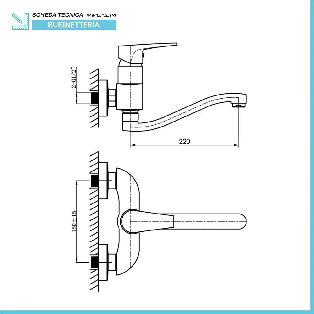 Miscelatore lavello a muro cromato con canna girevole ad S