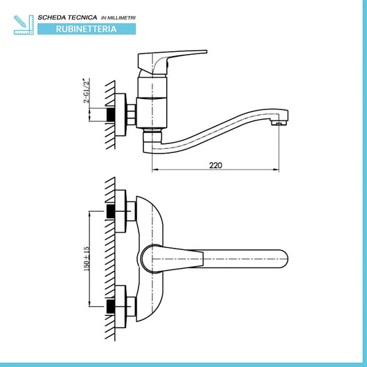 Miscelatore lavello a muro cromato con canna girevole ad S
