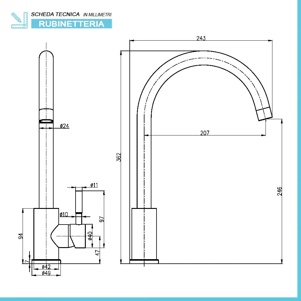 Miscelatore lavello con canna alta girevole in acciaio inox cromato