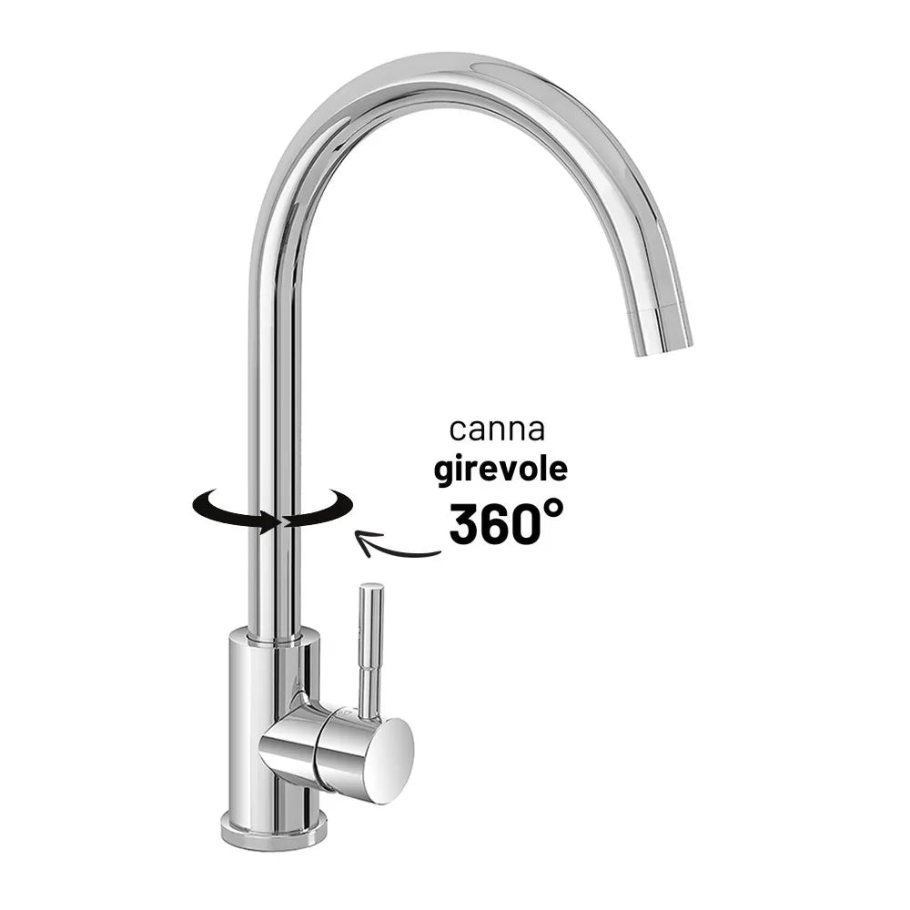 Miscelatore lavello con canna alta girevole in acciaio inox cromato