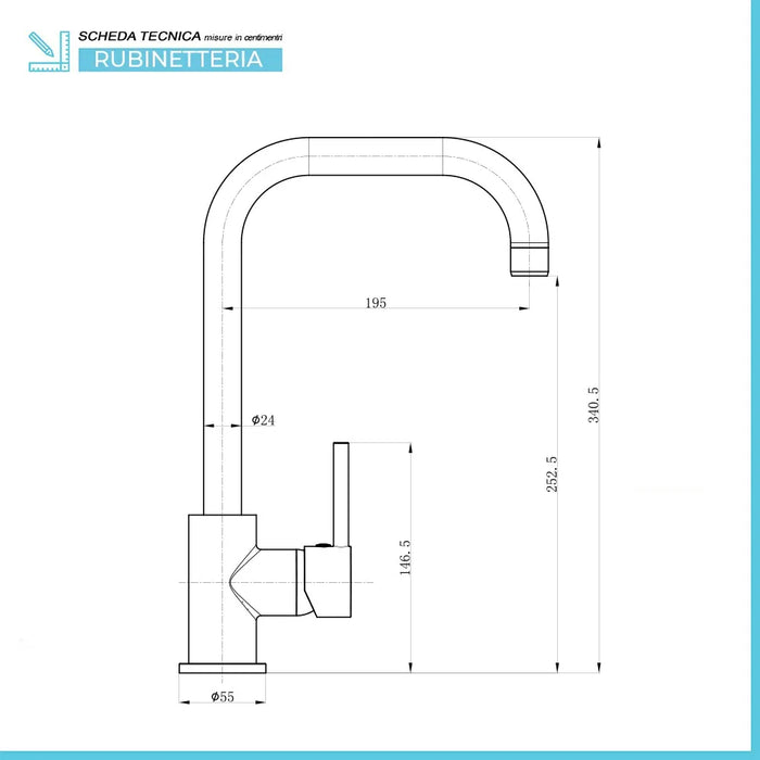 Miscelatore lavello cucina con canna alta orientabile in ottone cromato