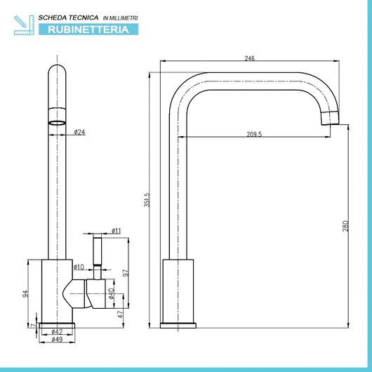 Miscelatore lavello in acciaio spazzolato con canna svedese girevole