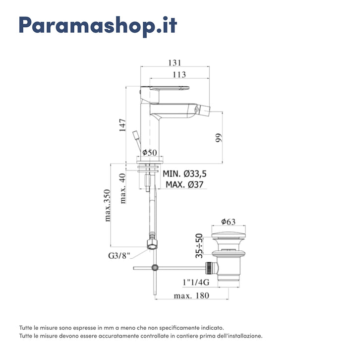 Paffoni miscelatore bidet senza scarico automatico cromato mod. Candy