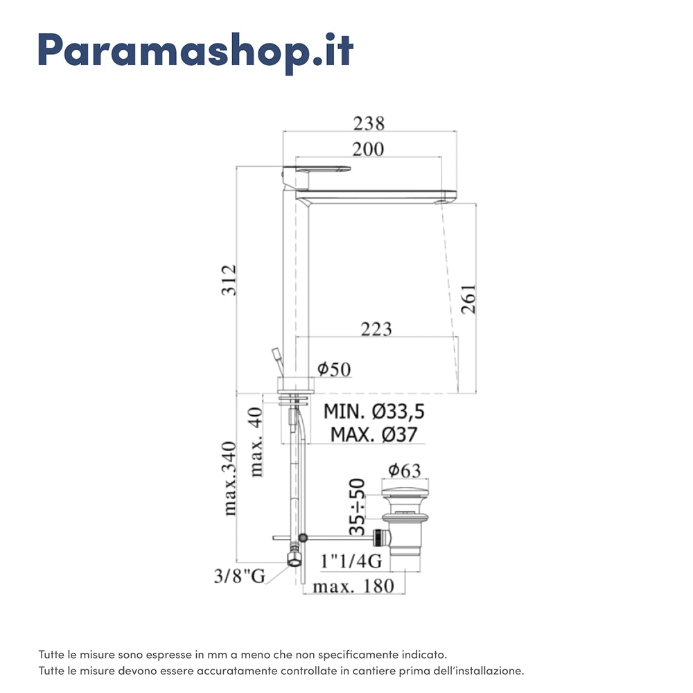 Paffoni miscelatore lavabo alto senza scarico cromato mod. Candy