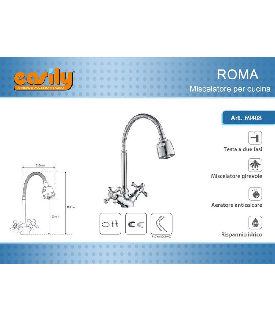 Miscelatore Rubinetto Flessibile Manopole Croce Cucina Lavello Ottone Roma 69408         