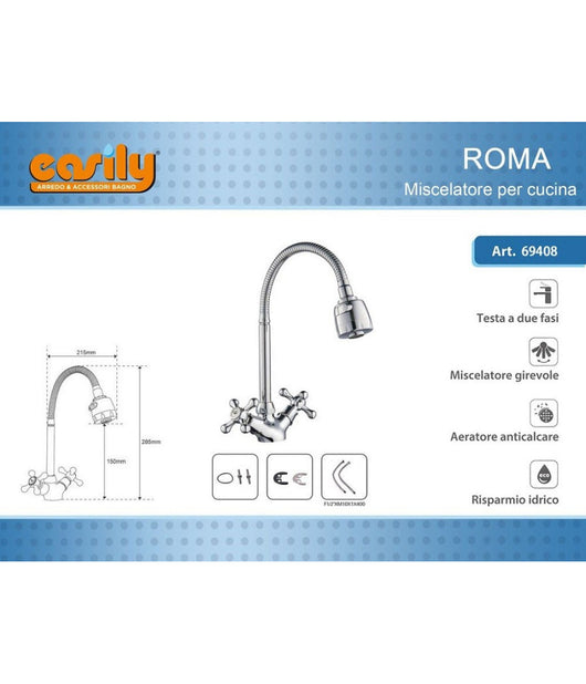 Miscelatore Rubinetto Flessibile Manopole Croce Cucina Lavello Ottone Roma 69408         