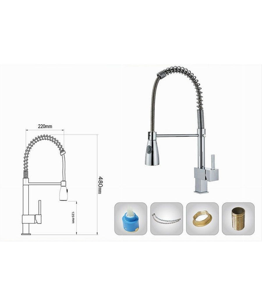 Miscelatore Rubinetto Lavello Cucina Getto A Molla Bocca Girevole Base Quadra 87469         