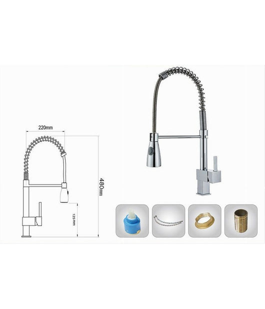 Miscelatore Rubinetto Lavello Cucina Getto A Molla Bocca Girevole Base Quadra 87469         