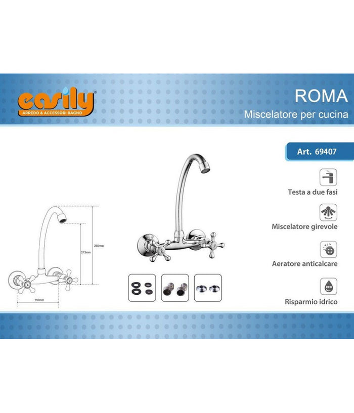 Miscelatore Rubinetto Parete Manopole A Croce Cucina Lavello Ottone Roma 69407         