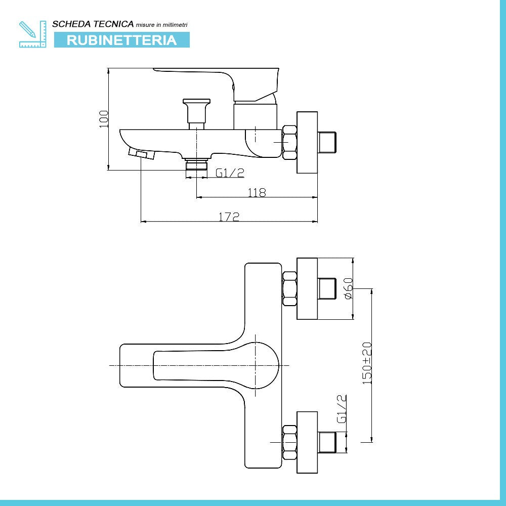Miscelatore vasca Flat in ottone cromato con kit doccia incluso