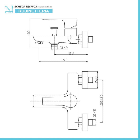 Miscelatore vasca Flat in ottone cromato con kit doccia incluso