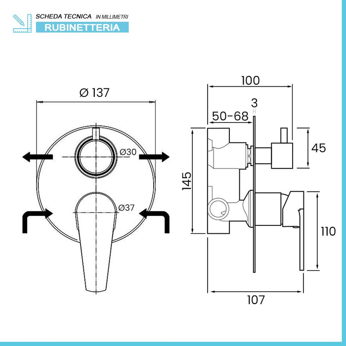 Miscelatori bagno in set lavabo bidet e doccia incasso con deviatore cromati Recta