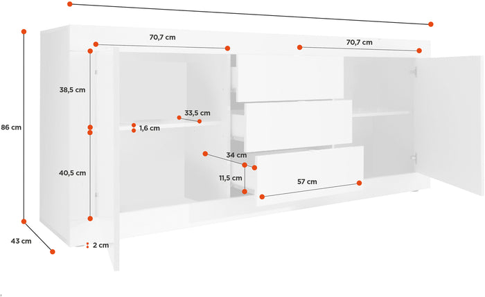 Credenza 3 cassetti e 2 ante Bianco Lucido, ZLCBSC-MDM-BB