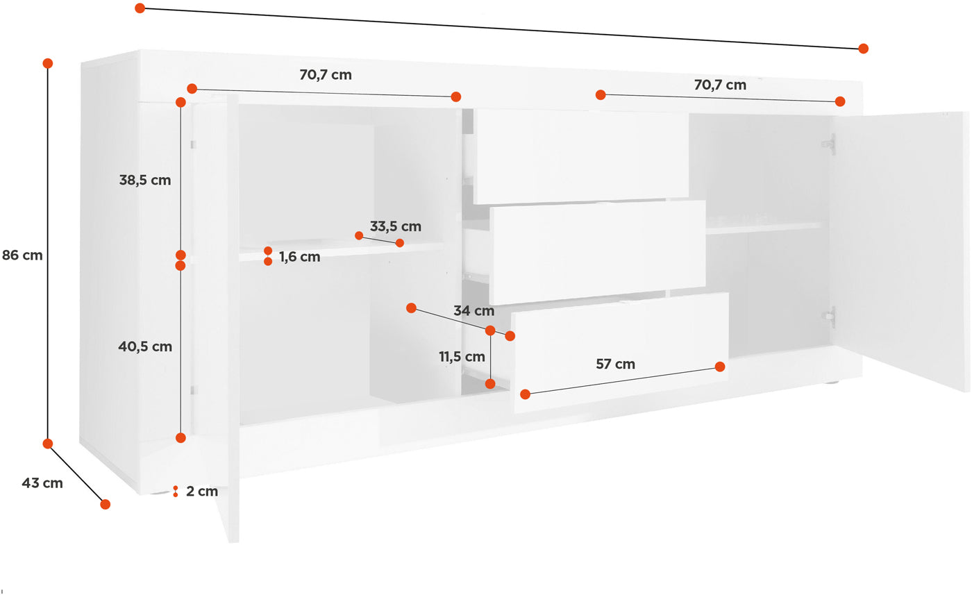 Credenza Moderna, Madia Bianca Lucida con 2 ante e 3 cassetti in finitura Pero ZLCBSC-MDM-BP23