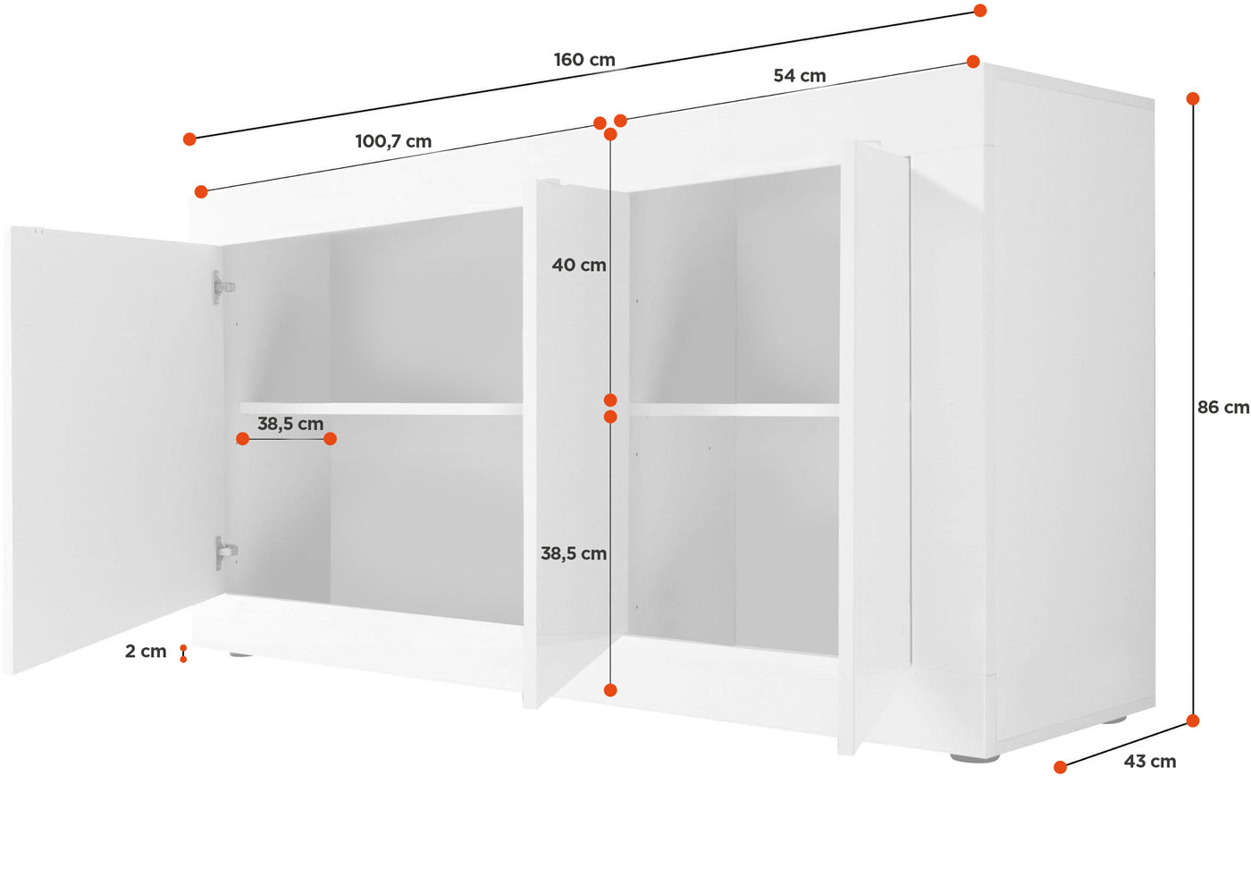Credenza Moderna, 3 ante Bianco Lucido, ZLCBSC-MDP-BB