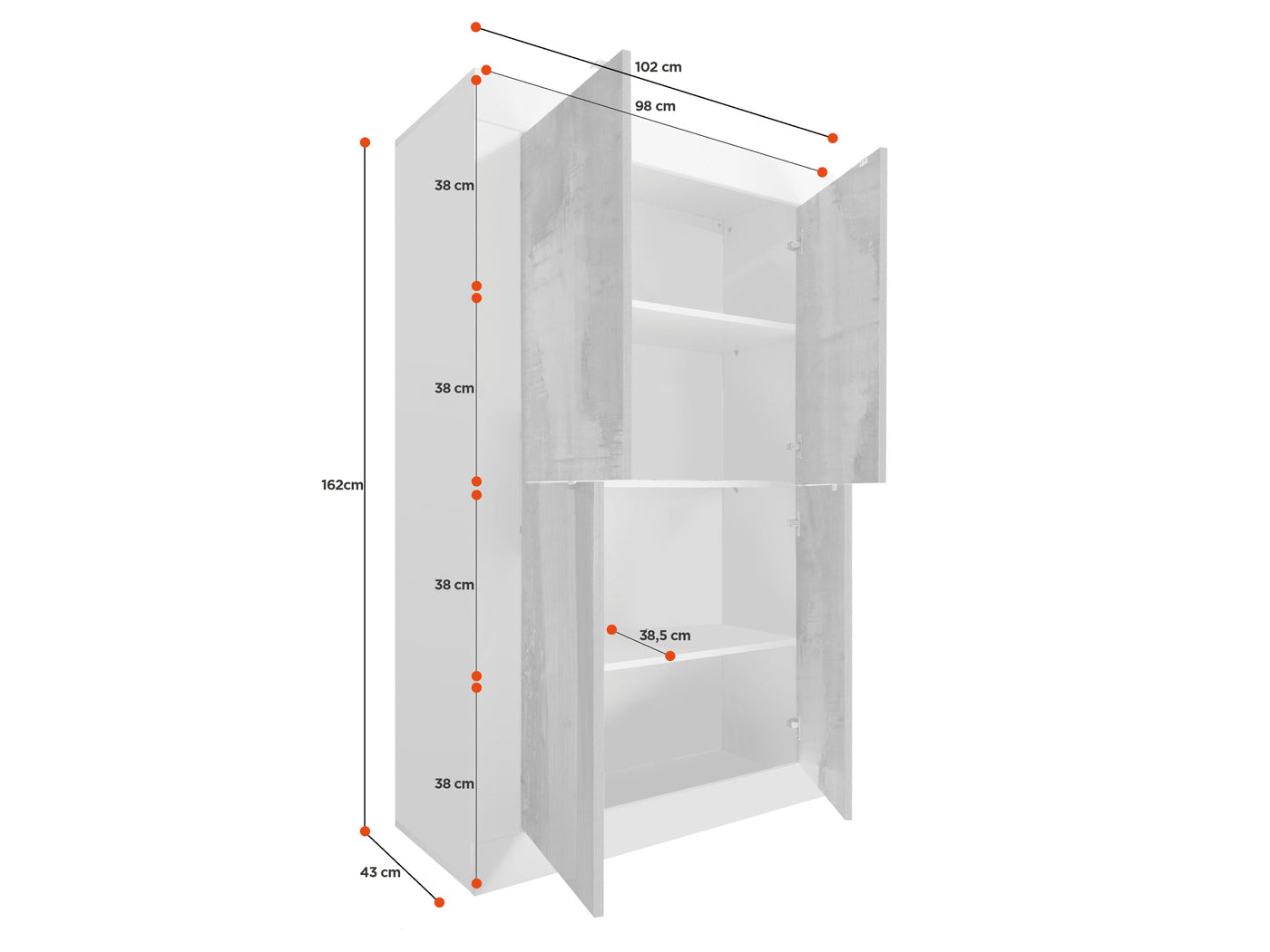 Credenza Moderna, 4 ante Alta Bianco Lucido e Cemento, ZLCBSC-MA-BC