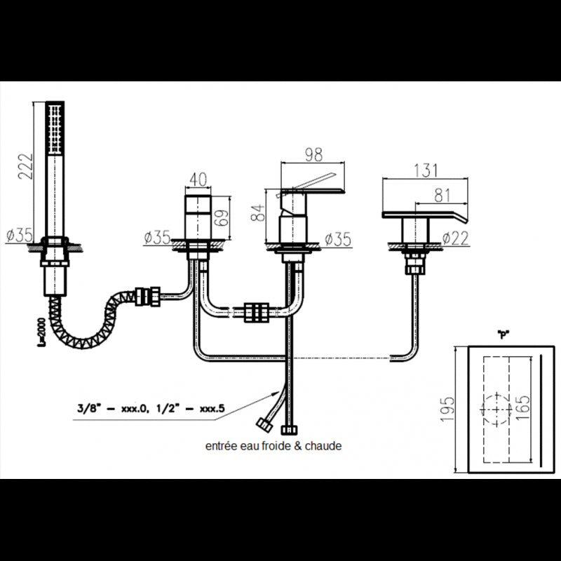 Miscelatore vasca a 4 fori con cascata ROYAL decorato con pietra di ottone cromato