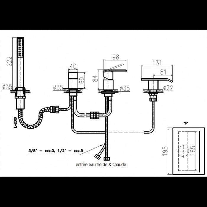 Miscelatore vasca a 4 fori con cascata ROYAL decorato con pietra di ottone cromato