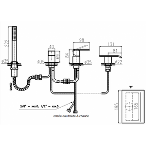 Miscelatore vasca a 4 fori con cascata ROYAL decorato con pietra in ottone placcato oro