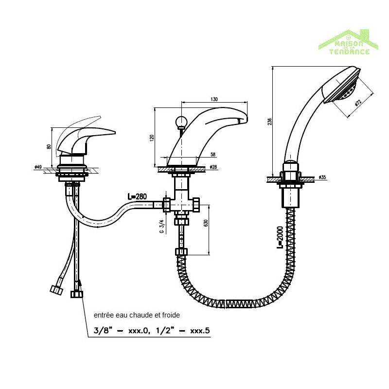 DANUBE Miscelatore vasca a cascata 3 fori con deviatore in ottone cromato