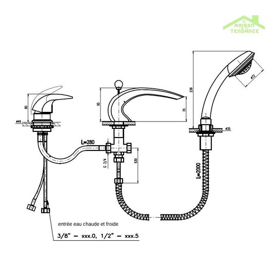 DUNAJ Miscelatore vasca a cascata a 3 fori con deviatore in ottone dorato