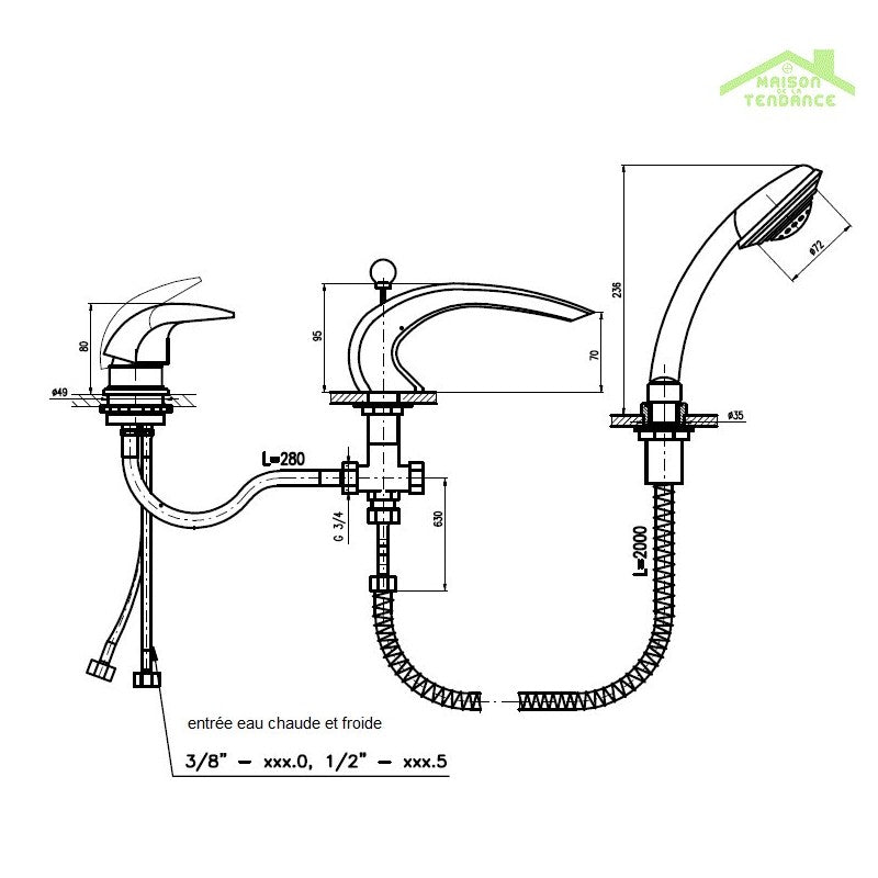 DUNAJ Miscelatore vasca a cascata a 3 fori con deviatore in ottone dorato