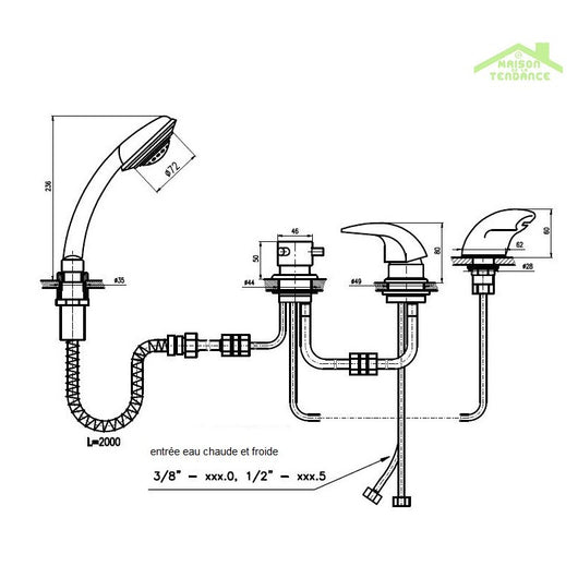Miscelatore vasca a cascata in ottone con 4 fori