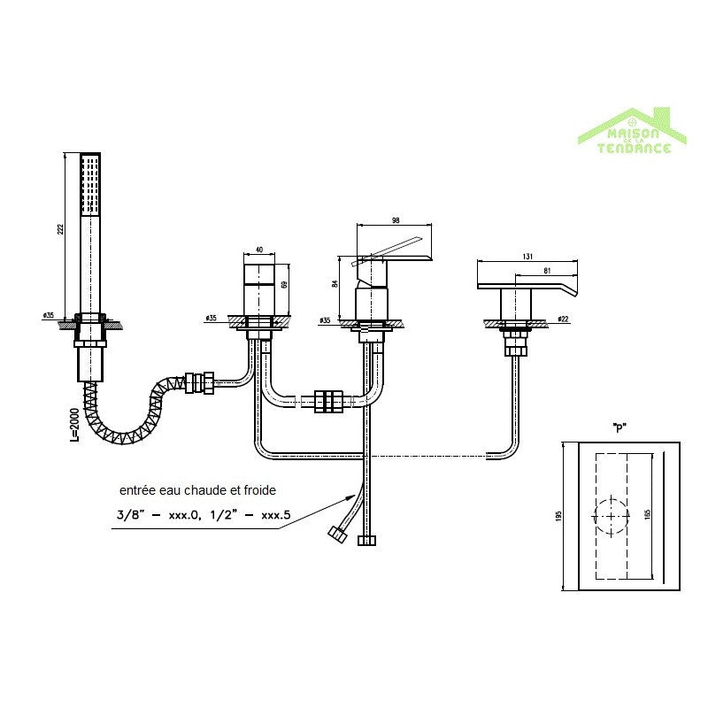 Miscelatore vasca piatto a cascata LOIRA a 4 fori cromato