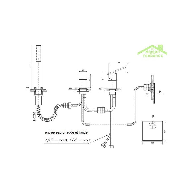 Miscelatore vasca a cascata a 4 fori LOIRA in ottone dorato