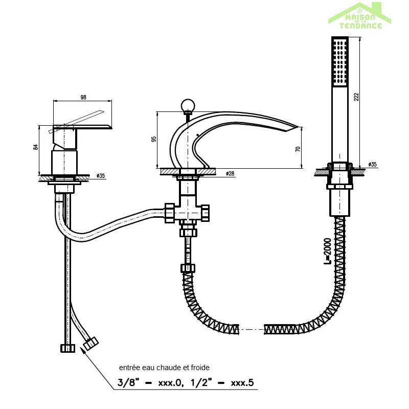 Miscelatore vasca a cascata a 3 fori con deviatore in ottone dorato