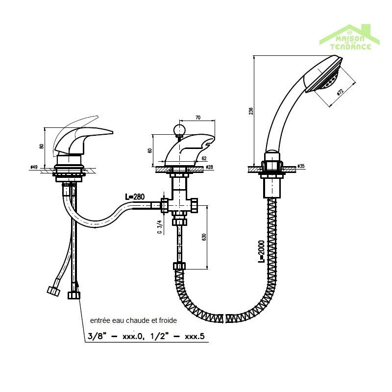 DANUBIO miscelatore vasca a cascata con deviatore a 3 fori in ottone cromato