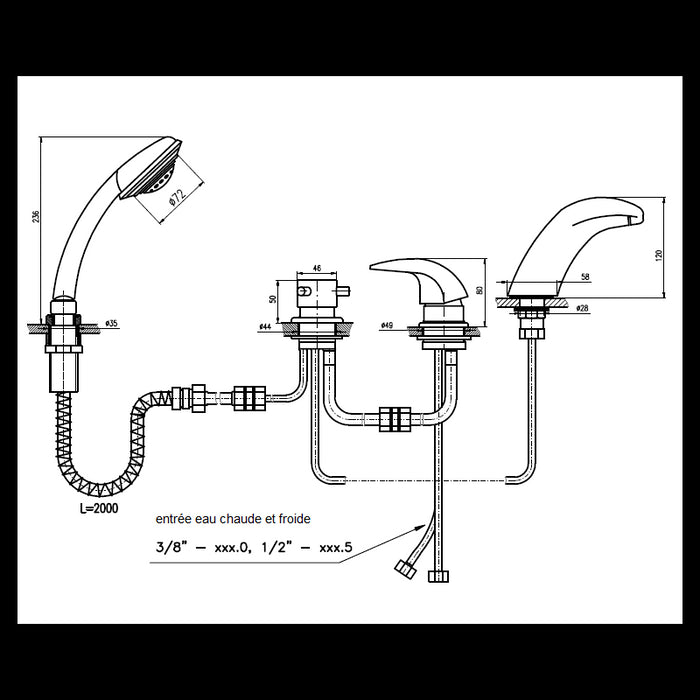 DANUBE miscelatore vasca cascata in ottone nero 4 fori