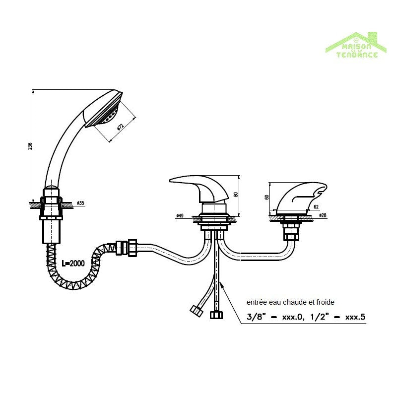 DANUBIO Miscelatore vasca a cascata a 3 fori in ottone cromato
