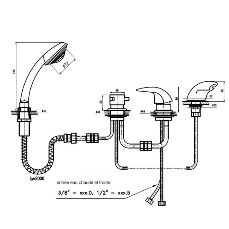 DANUBIO miscelatore vasca a cascata con deviatore a 4 fori in ottone dorato