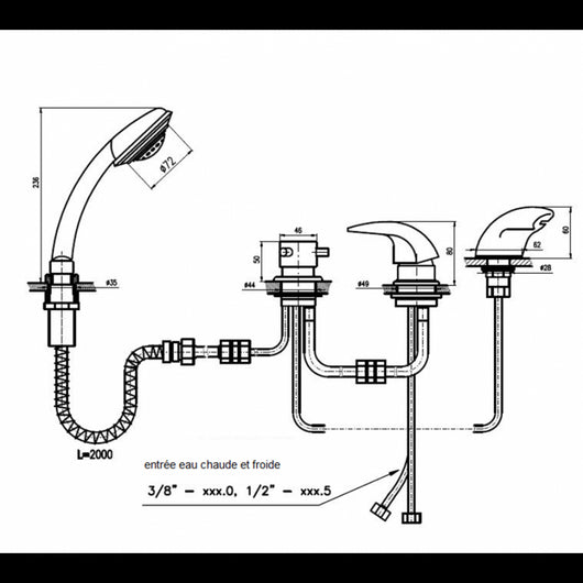 DANUBIO miscelatore vasca a cascata con deviatore a 4 fori in ottone dorato