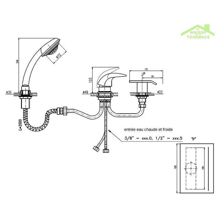 DANUBO rubinetto miscelatore vasca cascata 3 fori ottone cromato