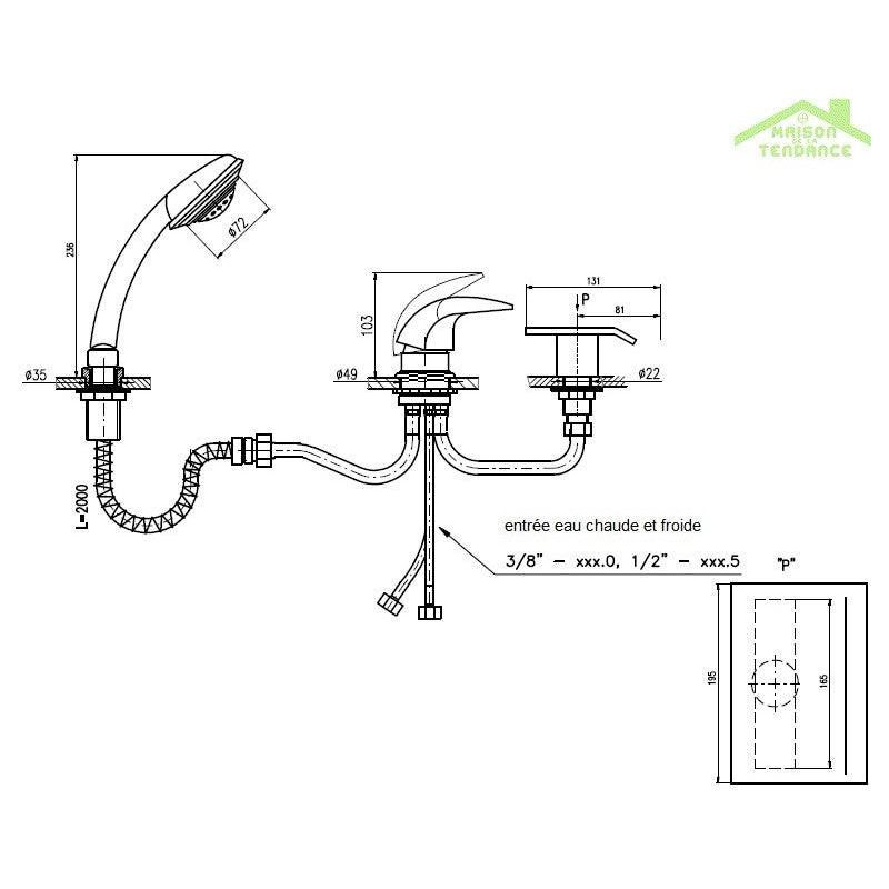 DANUBO rubinetto miscelatore vasca cascata 3 fori ottone cromato