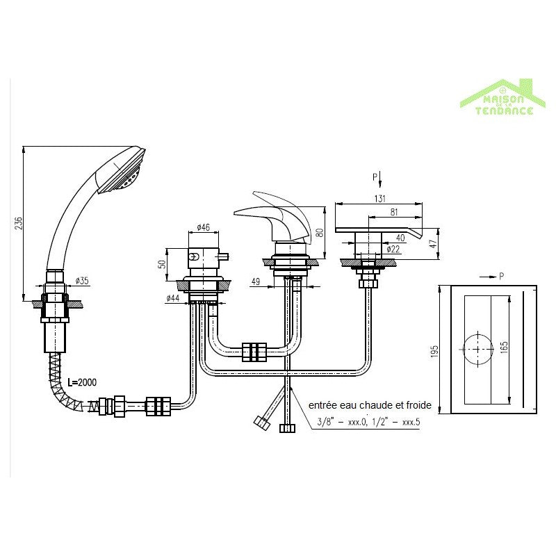 DANUBO miscelatore vasca a cascata con 4 fori in ottone cromato