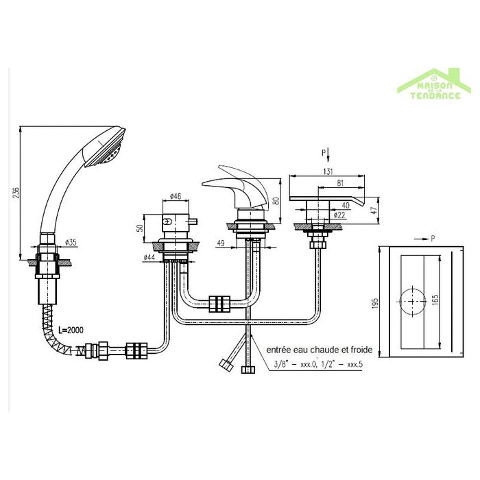 DANUBO miscelatore vasca a cascata con 4 fori in ottone cromato
