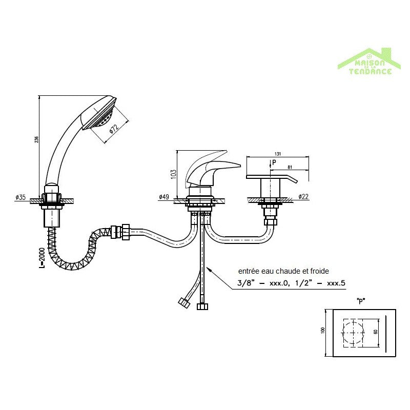 Miscelatore vasca a cascata DONAU 3 fori ottone placcato oro