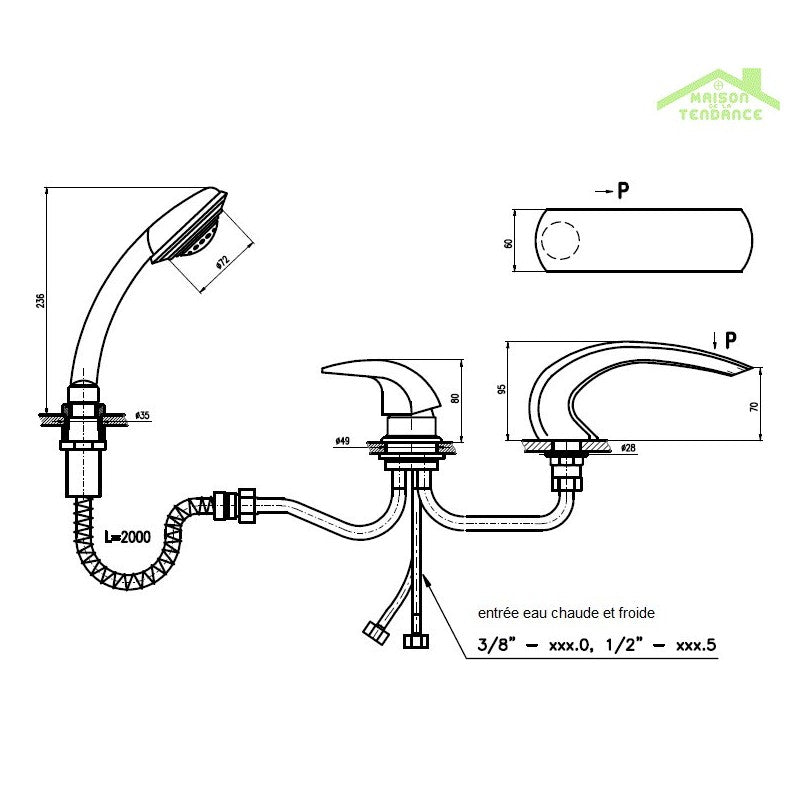 Miscelatore vasca a cascata a 3 fori DUNAJ in ottone dorato