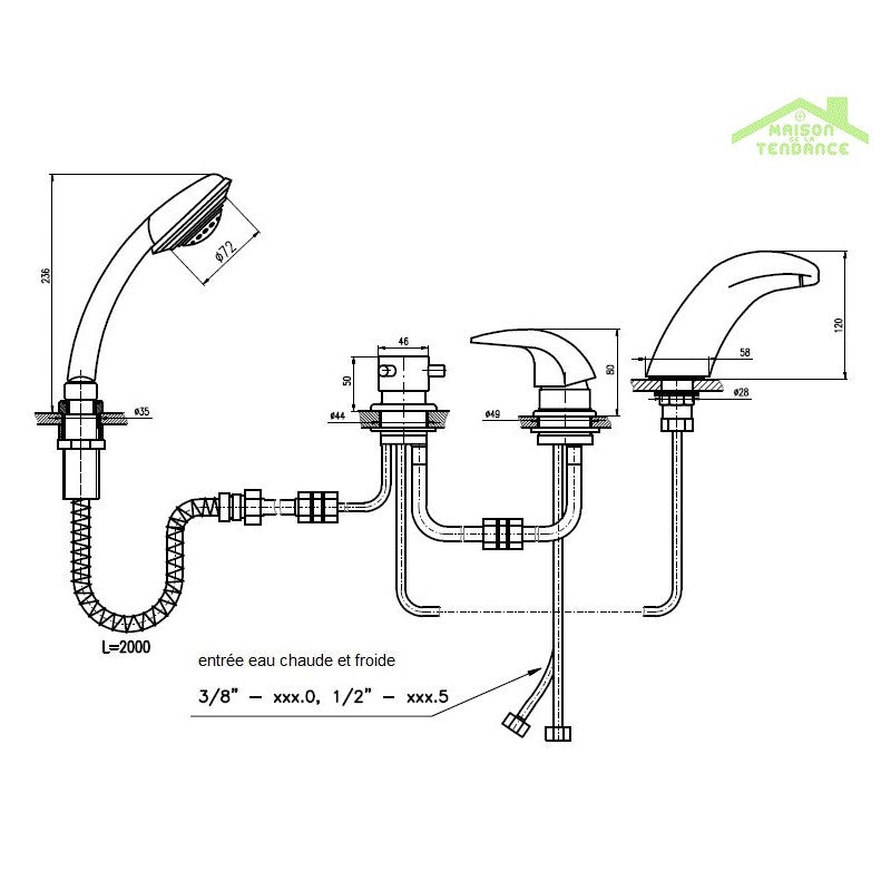 DANUBE miscelatore vasca a cascata in ottone cromato con 4 fori