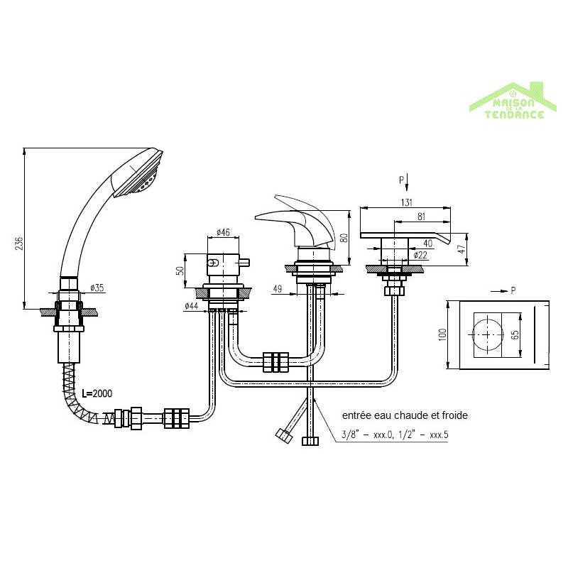 DONAU Miscelatore vasca a cascata a 4 fori con deviatore in ottone dorato