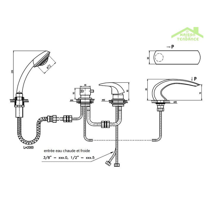 DUNAJ Miscelatore vasca a cascata 4 fori con deviatore in ottone cromato