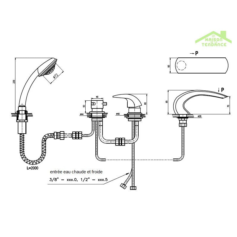 DUNAJ Miscelatore vasca a cascata 4 fori con deviatore in ottone cromato