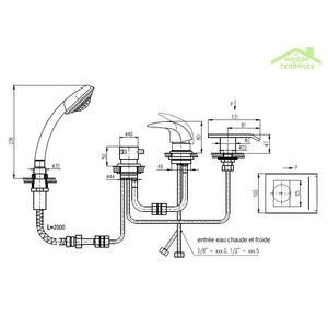 Miscelatore vasca a cascata a 4 fori DONAU con deviatore in ottone cromato