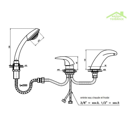 DANUBE miscelatore vasca a cascata 3 fori in ottone cromato