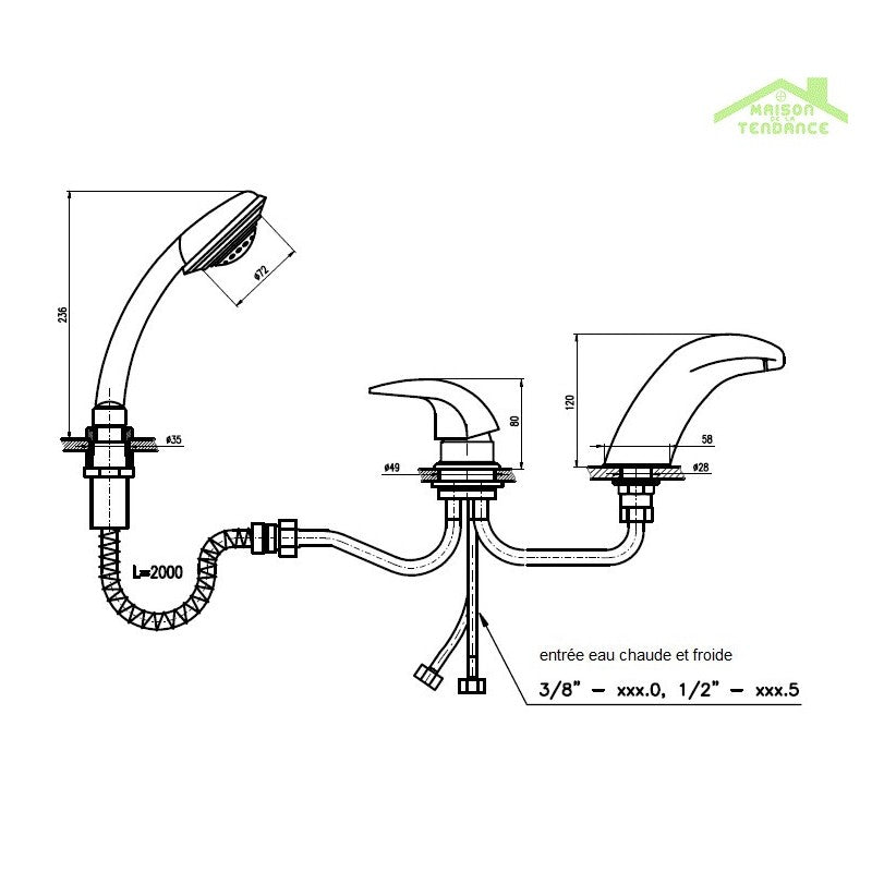 DANUBE miscelatore vasca a cascata 3 fori in ottone cromato